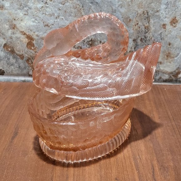 VTG Pink Glass Nesting Swan Covered Trinket Oval Candy Dish Peach Translucent - Picture 12 of 15